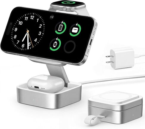 3 in 1 Wireless Charger for MagSafe, Magnetic Foldable Travel Fast Charging Station Pad for Apple Devices iPhone 15/14/13/12 Series, AirPods Pro/3/2 & Apple Watch/Ultra (5W)-White+Silver in Saudi Arabia