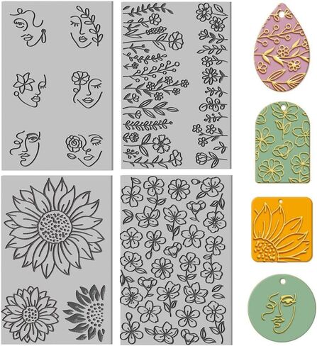 4PCS Polymer Clay Texture Sheets Plants and Flowers Texture Stamp Clear Clay Texture Sheets Polymer Clay Texture Mat Flower Pattern Pad for Making Earrings Jewerly, 4x2.6inch in Kuwait
