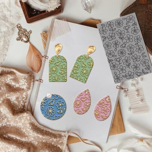 4PCS Polymer Clay Texture Sheets Plants and Flowers Texture Stamp Clear Clay Texture Sheets Polymer Clay Texture Mat Flower Pattern Pad for Making Earrings Jewerly, 4x2.6inch in Kuwait