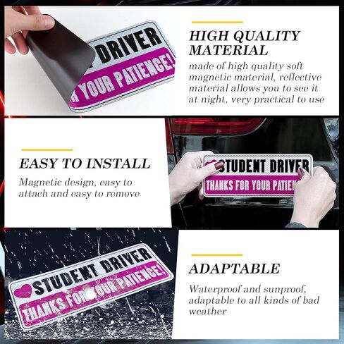 3 Pcs Student Driver Magnets - Funny “Please Be Patient" Safety Warning Stickers for Cars Reflective Bumper Stickers for New Learner Drivers in Saudi Arabia