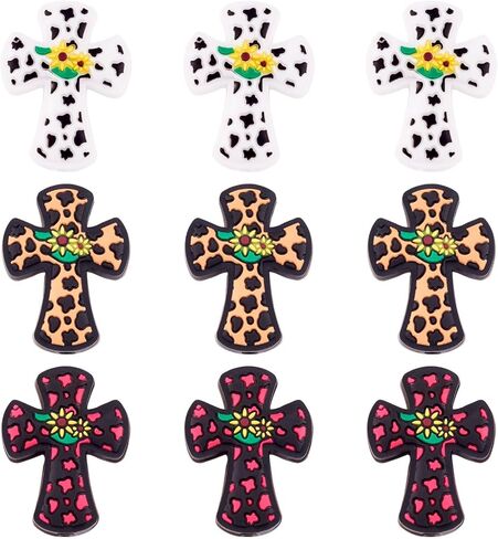 Beadthoven 12pcs Cross Silicone Focal Beads for Pens Leopard Printed Jesus Faith Cross Silicone Rubber Beads for Keychain Beadable Pens Jewelry Bracelets Making DIY Crafts in Kuwait