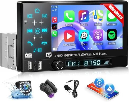Single Din Car Stereo with Wireless Carplay&Android Auto,9 Inch 1 Din Touchscreen Car Radio with Bluetooth FM Radio Mirror Link for iOS/Android TF/USB/AUX Input SWC Car Multimedia Player+Backup Camera in Saudi Arabia