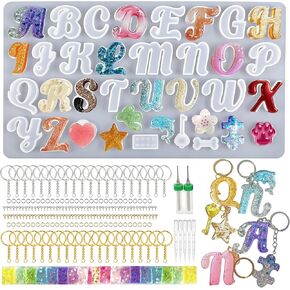 Fancy Alphabet Resin Molds Silicone Kit, Reversed Letter Keychain Epoxy Casting Molds Key Chain Making Set with 1 Hand Drill 2 Drill Bits 30 Key Rings 100 Screw Pins in Saudi Arabia