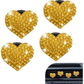 4PCS Heart-Shaped Car Vent Clips, Crystal Rhinestone Car Air Vent Clip, Heart Car Air Conditioning Outlet Perfume Holder, Universal Bling Car Interior Accessories for Women Girls (Yellow) in Kuwait