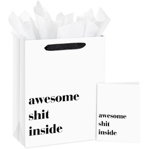 Loveinside 13" Large Funny Gift Bag, Minimalist White Awesome Sh*t Inside Bold Design with Tissue Paper & Card, Adult Humor Gift Bag for Friends, Coworkers, Birthday, Party, 10" x 5" x 13", 1 Pcs in Kuwait