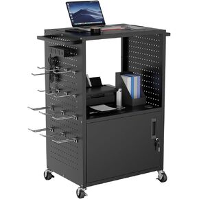 Mobile AV Cart, Heavy Duty Rolling Computer Cart with Push Handle & Hooks – Locking Cabinet, Pegboard, 4 Outlets, Lock Brake Casters – Media Utility Cart on Wheels for Office/Classroom in Saudi Arabia