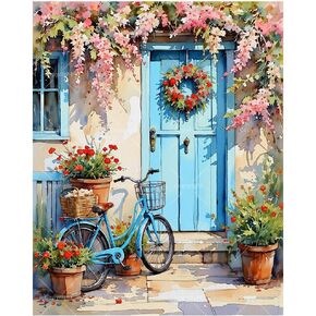 Vintage Bicycle Paint by Numbers Kit for Adults - DIY Blue Bike with Wreath Door and Pink Flowers Painting Rolled on Canvas 16x20 Inches, Acrylic Paint Set for Beginners, Art for Home Wall or Gifts in Kuwait