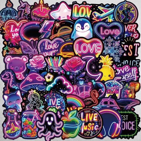 Stickers for Kids, 50pcs Neon Kawaii Decals Waterproof Vinyl Scrapbook Material Aesthetic Small Labels for Laptop Water Bottle Journaling Decorative Stickers Stationery Supplies in Kuwait
