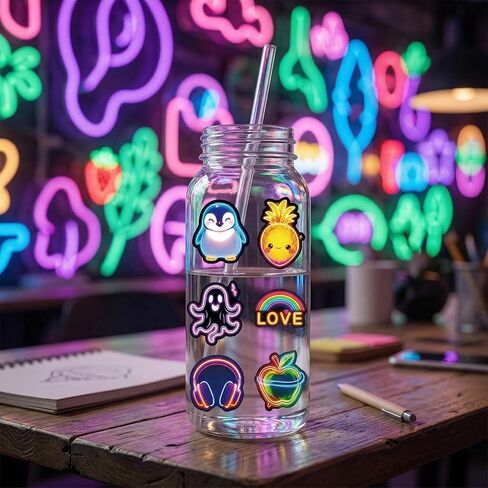 Stickers for Kids, 50pcs Neon Kawaii Decals Waterproof Vinyl Scrapbook Material Aesthetic Small Labels for Laptop Water Bottle Journaling Decorative Stickers Stationery Supplies in Kuwait