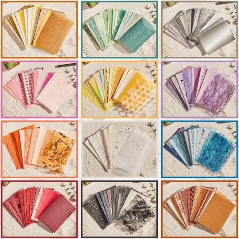 208 Sheets A7 Scrapbook Paper Kit, 12 Colors Mixed Textured Paper and Mesh Fabric Assorted Set, Junk Journal Supplies for DIY Crafts, Bullet Journal, Card Making, Scrapbooking in Kuwait