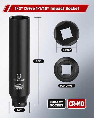 Heavy Duty 1/2" Drive 1-1/16" Truck Cage Bolt Socket, 6.3" Anti-Break Cr-Mo Extra Deep Spring Brakes Bolts Impact Socket with 6-Point Radius Corner Design in Saudi Arabia