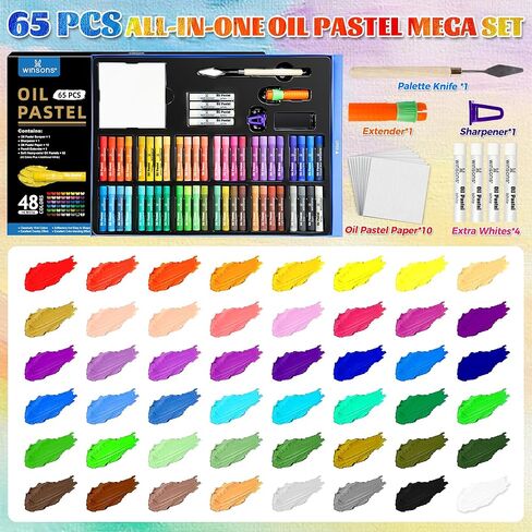 WINSONS 65 PCS Oil Pastel Set, 48 Soft Colors & Extra 4 White Pastels, Complete Art Kit with Holder, Scraper, Sharpener & Pastel Paper – Non-Toxic, Smooth Blending for Artists & Beginners in Saudi Arabia
