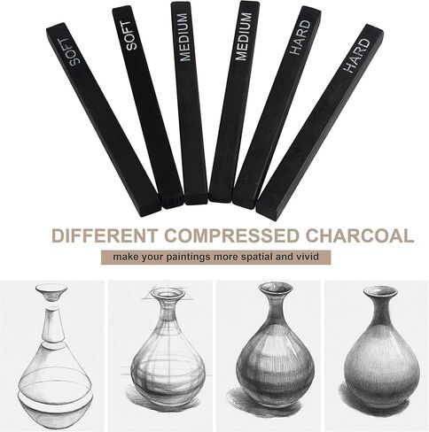 MyLifeUNIT Compressed Charcoal, Square Vine Charcoal Sticks for Drawing, Pack of 6 (2 Soft, 2 Medium and 2 Hard) in Kuwait