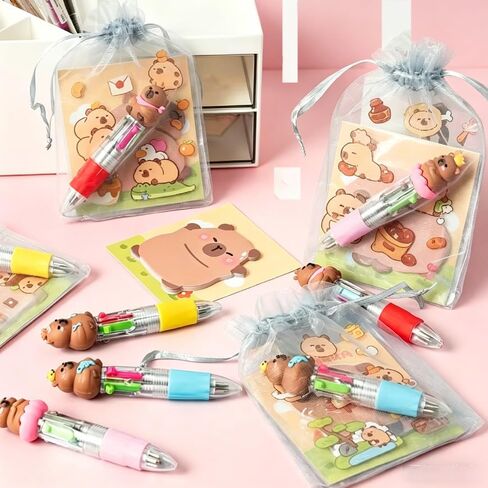 8pc Capybara Stationery Party Gift - Capybara Pattern Design, Ballpoint Ben with Sticky Notes, Stickers and Drawstring Bag Set, Khaki, 8pc in Saudi Arabia