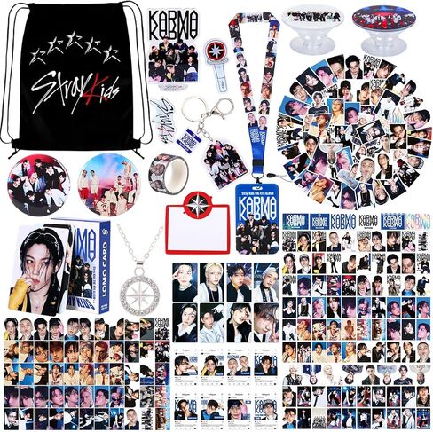Japior 172pcs SKZ Merch New Karma Album Gift Set Including 55 Postcards, 95 SKZ Stickers, 16 LOMO Cards, 2 Pins,2 Phone Ring Holder,1 Keychain, 1 Necklace with Drawstring Bag for Stray Kids'Fans in Saudi Arabia