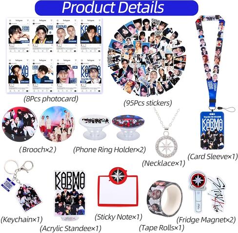 Japior 172pcs SKZ Merch New Karma Album Gift Set Including 55 Postcards, 95 SKZ Stickers, 16 LOMO Cards, 2 Pins,2 Phone Ring Holder,1 Keychain, 1 Necklace with Drawstring Bag for Stray Kids'Fans in Saudi Arabia