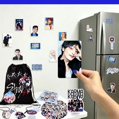 Japior 172pcs SKZ Merch New Karma Album Gift Set Including 55 Postcards, 95 SKZ Stickers, 16 LOMO Cards, 2 Pins,2 Phone Ring Holder,1 Keychain, 1 Necklace with Drawstring Bag for Stray Kids'Fans in Saudi Arabia