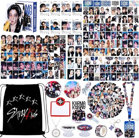 Japior 172pcs SKZ Merch New Karma Album Gift Set Including 55 Postcards, 95 SKZ Stickers, 16 LOMO Cards, 2 Pins,2 Phone Ring Holder,1 Keychain, 1 Necklace with Drawstring Bag for Stray Kids'Fans in Saudi Arabia