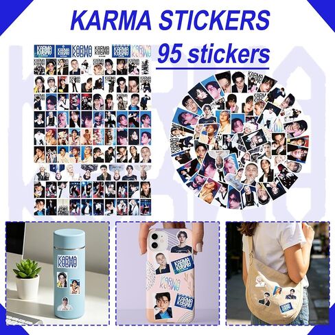 Japior 172pcs SKZ Merch New Karma Album Gift Set Including 55 Postcards, 95 SKZ Stickers, 16 LOMO Cards, 2 Pins,2 Phone Ring Holder,1 Keychain, 1 Necklace with Drawstring Bag for Stray Kids'Fans in Saudi Arabia