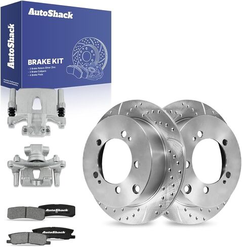 AutoShack Rear Brake Rotors, Ceramic Pads & Calipers for Mitsubishi, Lancer 2009-2015, AWD L4 2.0L - Silver Zinc Coated Drilled & Slotted - SilverShield Pro - 11.89" (302 mm), 5-Lug in Kuwait