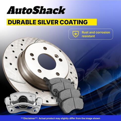 AutoShack Rear Brake Rotors, Ceramic Pads & Calipers for Mitsubishi, Lancer 2009-2015, AWD L4 2.0L - Silver Zinc Coated Drilled & Slotted - SilverShield Pro - 11.89" (302 mm), 5-Lug in Kuwait
