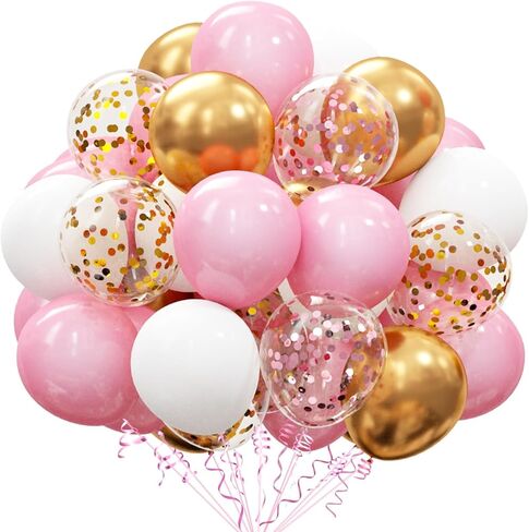 OuMuaMua 62Pcs Pink Gold Confetti Latex Balloons Kit, 12 Inch Pink White Gold Helium Balloons Party Supplies for Confession Proposal Wedding Girl Birthday Baby Shower Party Decoration in Saudi Arabia