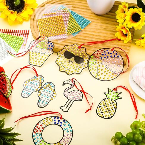 Mooliwe 24 Sets Summer Craft Kit Summer Diamond Art Kits DIY Suncatcher Hanging Ornament with Color Guides Gemstone Sun Catcher Stickers Diamond Crafts for School Home Activity Party Favors in Saudi Arabia