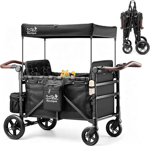 4 Seater Wagon Stroller,Foldable All-Terrain Quad Wagon Stroller with Canopy,Detachable Tray,Adjustable Handle, High Seat & Large Storage Space,Black in Saudi Arabia