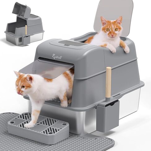 Rywell Stainless Steel Litter Box, Covered XL Extra Large Cat Litter Box Enclosure, Metal Kitty Litter Box with Lid, Litter Scoop, Filter Pedal and Litter Mat, Anti-Leakage, Non-Stick, Easy to Clean in Saudi Arabia
