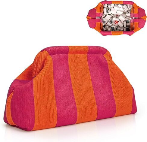 Mahjong Tile Bag Woven Clutch Purse for Women, Striped Dumpling Bag Wide Mouth Snap Lock Crochet Knit Summer Beach Evening Handbag, Vacation Mahjong Game Supplies in Saudi Arabia