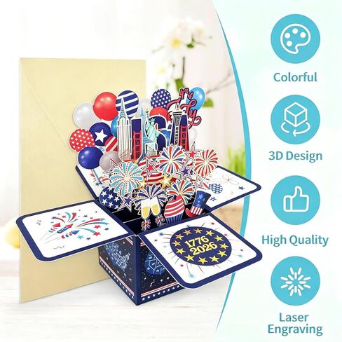 250th Anniversary Independence Day Card, 3D Pop Up 4th of July Card, 1776 2026 USA Patriotic Gift for Men and Women, with Note Card and Luxury Envelope in Saudi Arabia
