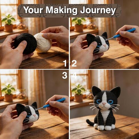 DIY Crochet Cat Kit for Beginners – Amigurumi Tuxedo Cat Stuffed Animal Knitting Kit with Yarn, Hook, Safety Eyes & Step-by-Step Instructions – Easy Beginner Crochet Animal Craft Set for Adults in Saudi Arabia