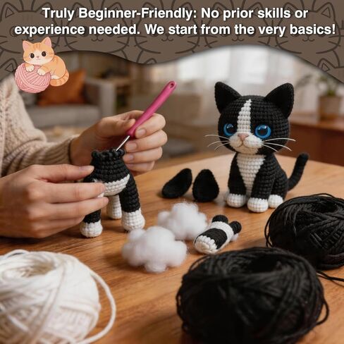 DIY Crochet Cat Kit for Beginners – Amigurumi Tuxedo Cat Stuffed Animal Knitting Kit with Yarn, Hook, Safety Eyes & Step-by-Step Instructions – Easy Beginner Crochet Animal Craft Set for Adults in Saudi Arabia