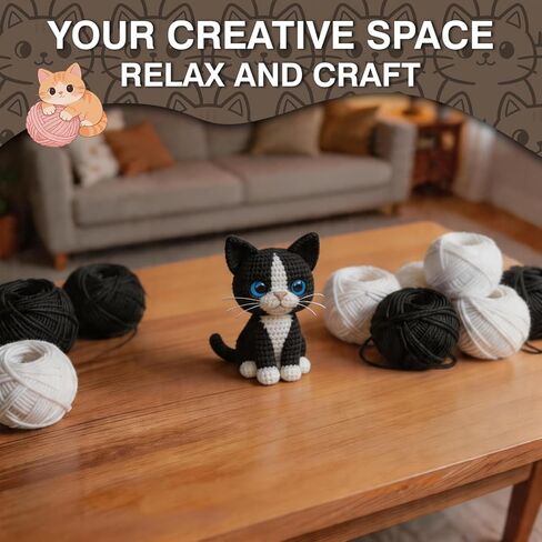DIY Crochet Cat Kit for Beginners – Amigurumi Tuxedo Cat Stuffed Animal Knitting Kit with Yarn, Hook, Safety Eyes & Step-by-Step Instructions – Easy Beginner Crochet Animal Craft Set for Adults in Saudi Arabia