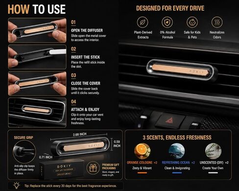 Slim Aviation Alloy Car Air Freshener, Universal Vent Clip Aroma Diffuser with 6 Refill Sticks - Orange Cologne & Ocean - Magnetic Metal Housing, Alcohol-Free Odor Neutralizer for All Standard Vents in Saudi Arabia