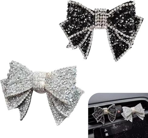 2PCS Car Vent Butterfly Bow Clip, Sparkling Rhinestone-studded Vent Decoration, Car Smell Diffuser Clip for Vehicles Offices Restaurants Cafes, for Girl Women (Black & White) in Kuwait