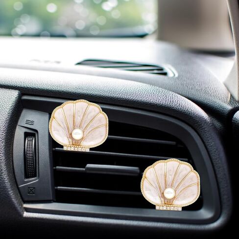 2Pcs Pearl Scallop Car Vent Clips, Coastal Beach Themed Air Freshener Decor for Women Mom, Elegant Seashell Car Accessories - Beige in Saudi Arabia