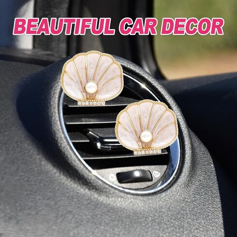 2Pcs Pearl Scallop Car Vent Clips, Coastal Beach Themed Air Freshener Decor for Women Mom, Elegant Seashell Car Accessories - Beige in Saudi Arabia