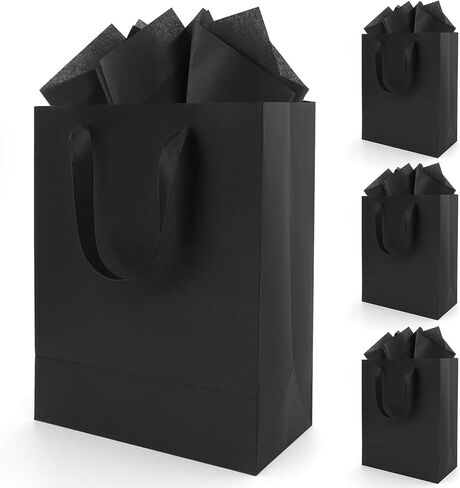 Flasunire Black Gift Bags with Handles & Tissue Paper - 8x5x10 Inch 4 Pack Medium Paper Gift Bags for Men Women, Mother's Day, Father's Day, Birthdays, Weddings, Baby Showers (Black - 4Pcs) in Saudi Arabia