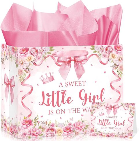 Baby Shower Paper Gift Bag for Girls Pink Bow Baby Girl Wrapping Paper Gift Bag with Tissue and Greeting Card A Sweet Little Girl is on the Way Floral Baby Shower Pink Bow Decorations Supplies in Kuwait