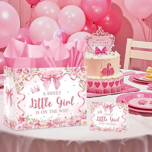 Baby Shower Paper Gift Bag for Girls Pink Bow Baby Girl Wrapping Paper Gift Bag with Tissue and Greeting Card A Sweet Little Girl is on the Way Floral Baby Shower Pink Bow Decorations Supplies in Kuwait