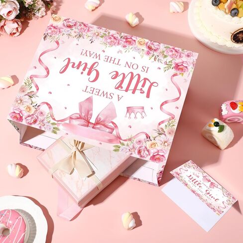 Baby Shower Paper Gift Bag for Girls Pink Bow Baby Girl Wrapping Paper Gift Bag with Tissue and Greeting Card A Sweet Little Girl is on the Way Floral Baby Shower Pink Bow Decorations Supplies in Kuwait