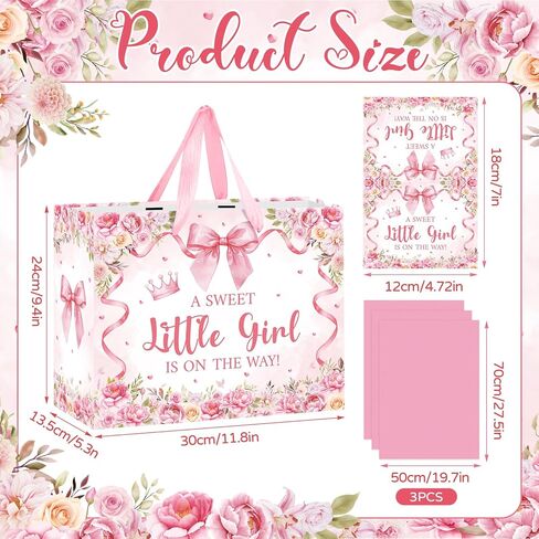 Baby Shower Paper Gift Bag for Girls Pink Bow Baby Girl Wrapping Paper Gift Bag with Tissue and Greeting Card A Sweet Little Girl is on the Way Floral Baby Shower Pink Bow Decorations Supplies in Kuwait