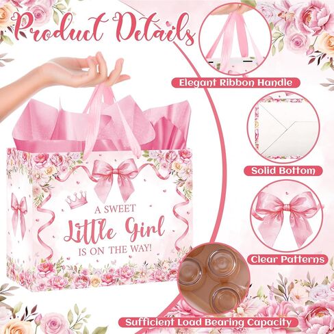 Baby Shower Paper Gift Bag for Girls Pink Bow Baby Girl Wrapping Paper Gift Bag with Tissue and Greeting Card A Sweet Little Girl is on the Way Floral Baby Shower Pink Bow Decorations Supplies in Kuwait