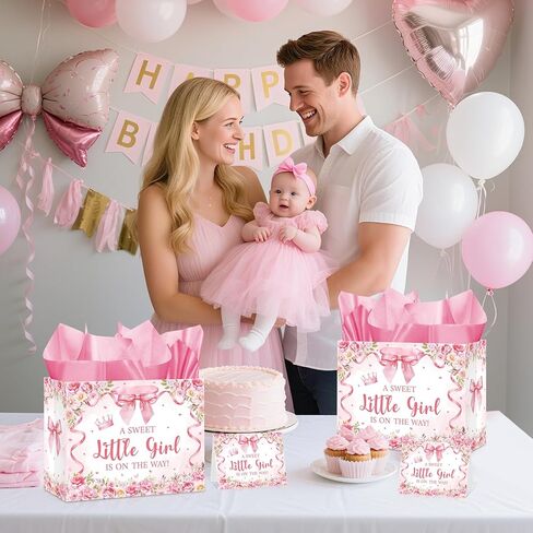 Baby Shower Paper Gift Bag for Girls Pink Bow Baby Girl Wrapping Paper Gift Bag with Tissue and Greeting Card A Sweet Little Girl is on the Way Floral Baby Shower Pink Bow Decorations Supplies in Kuwait