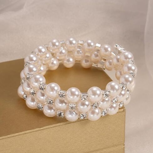 Vintage Elegant Multi-Layer Pearl & Rhinestone Bracelet Set, High-End Pearl Bangle & Chain Hand Jewelry for Women in Saudi Arabia