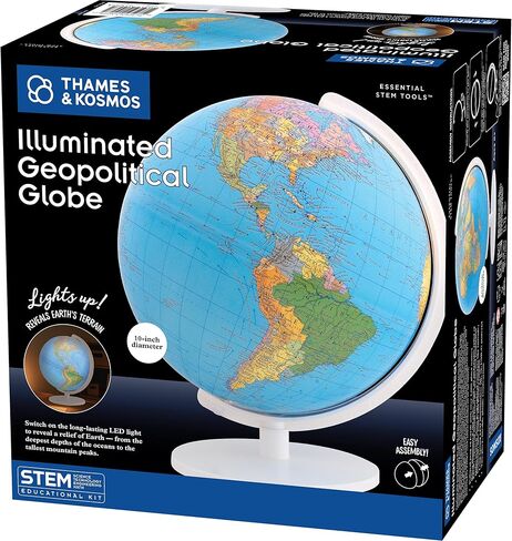 The Thames & Kosmos Illuminated Geopolitical Globe Essential STEM Tool | 10" diameter with Durable Stand, Political Map with Locations, Geological Features, Educational Gift for Ages 6+, USB-C Powered in Kuwait
