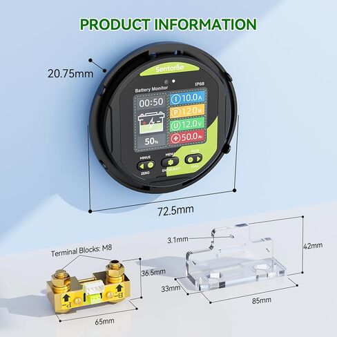 0-500A Battery Monitor with Shunt, 8-120V IP68 Waterproof LCD Screen with Buzzer Alarm for RV Solar Marine Off-Grid System, Capacity Percentage Time Power Voltmeter Display in Saudi Arabia