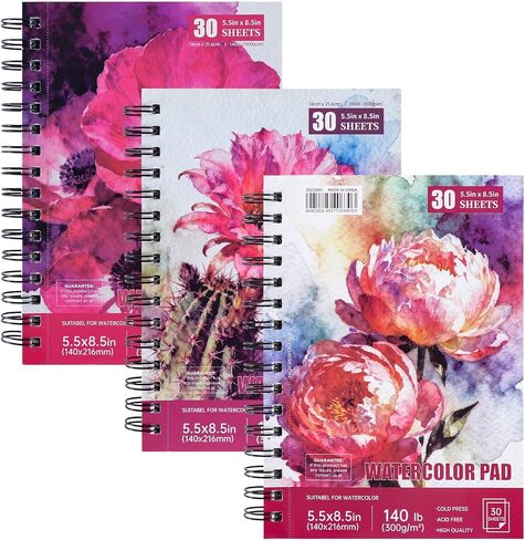 3 Pack 90 Sheet Watercolor Paper Pad 5.5“ x 8.5", 140lb/300 GSM Cotton Cold Press Spiral Bound Pad Watercolor Sketchbook for Adults, Mixed Media,Markers, Art Painting, Journal in Kuwait