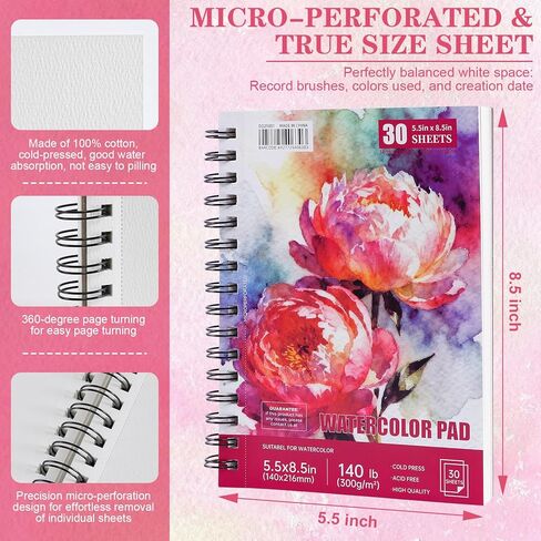 3 Pack 90 Sheet Watercolor Paper Pad 5.5“ x 8.5", 140lb/300 GSM Cotton Cold Press Spiral Bound Pad Watercolor Sketchbook for Adults, Mixed Media,Markers, Art Painting, Journal in Kuwait
